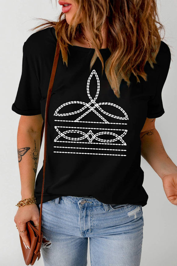 Western Pattern Print Crew Neck T Shirt