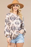 AV1171-KIMMIE AZTEC PRINT FRNECH TERRY SWEATSHIRT: KHAKI / S