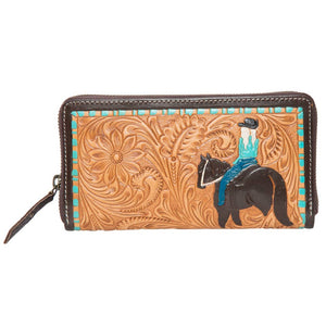 Tooling Leather Horse Wallet with Turq Paint Highlight- AW28: Tan