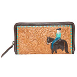 Tooling Leather Horse Wallet with Turq Paint Highlight- AW28: Tan