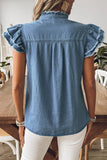 Button Front Ruffled Flutter Frayed Denim Top