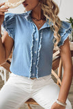 Button Front Ruffled Flutter Frayed Denim Top