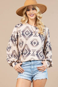 AV1171-KIMMIE AZTEC PRINT FRNECH TERRY SWEATSHIRT: KHAKI / S