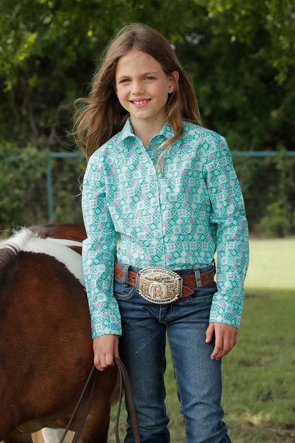 Cruel Denim - GIRLS GEOMETRIC PRINT BUTTON-DOWN WESTERN SHIRT - TURQUOISE