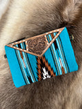 Turq Saddle Blanket Large Clutch Bag with Tooled Leather -