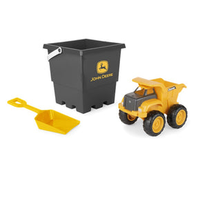 15CM SAND PIT BUCKET SET: YELLOW DUMP TRUCK W/BLACK SQUARE BUCKET & YELLOW SHOVEL