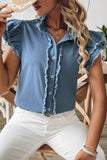 Button Front Ruffled Flutter Frayed Denim Top