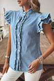 Button Front Ruffled Flutter Frayed Denim Top