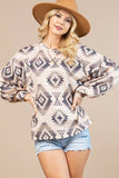 AV1171-KIMMIE AZTEC PRINT FRNECH TERRY SWEATSHIRT: KHAKI / S