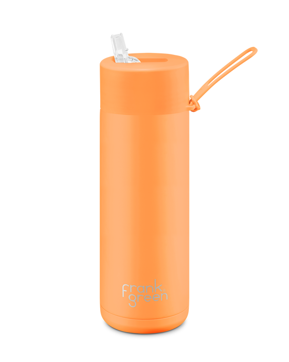 FRANK GREEN CERAMIC REUSABLE DRINK BOTTLE 20OZ WITH STRAW LID - NEON ORANGE