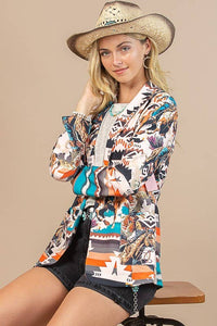 AV1227-DANYA WESTERN PRINT MEDIUM WEIGHT WOVEN BLAZER: Multi-Colored