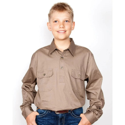 Just Country Lachlan 1/2 Button Boys Work Shirt - Brown