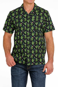 Cinch Mens Christmas Cactus Short Sleeve Shirt - Black