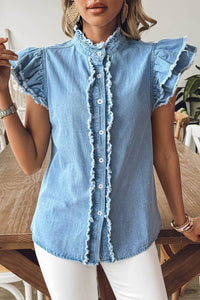 Button Front Ruffled Flutter Frayed Denim Top