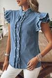 Button Front Ruffled Flutter Frayed Denim Top