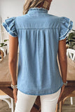 Button Front Ruffled Flutter Frayed Denim Top