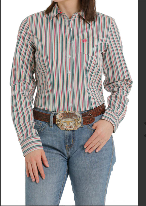 Cinch Ladies Button Down Shirt - Pink, Green, White Stripe