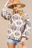 AV1171-KIMMIE AZTEC PRINT FRNECH TERRY SWEATSHIRT: KHAKI / S